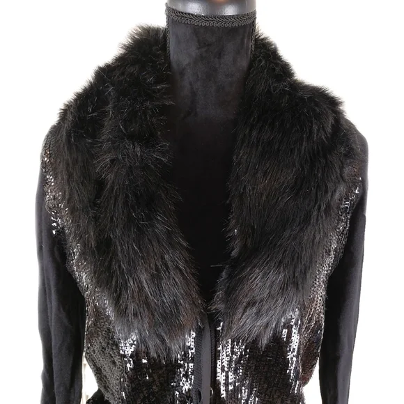Jones New York Petite Black Fur Collar Wool Blend Sequins Cardigan Sz PM NWT - Picture 2 of 9